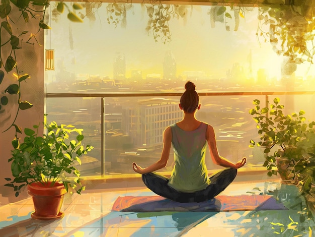 A peaceful yet energetic scene of a morning wellness routine perfect for promoting healthy living