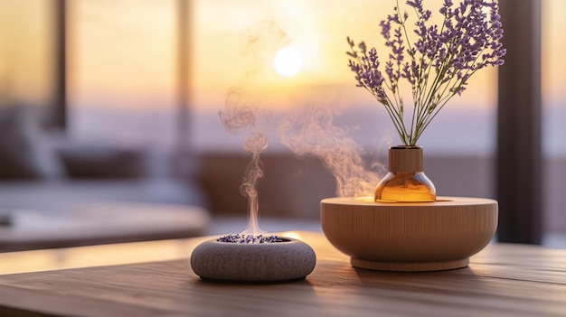 Photo a peaceful evening with lavender aromatherapy and sunset view from a modern home