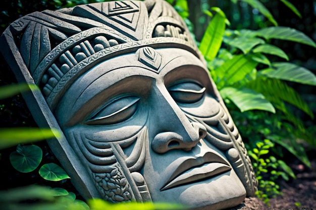 Peaceful face of indian god stone tiki mask on ground in forest