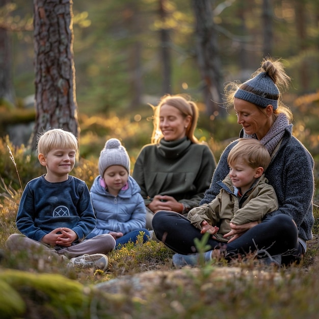 Photo peaceful family meditation retreat in a nordic forest island with smiling members