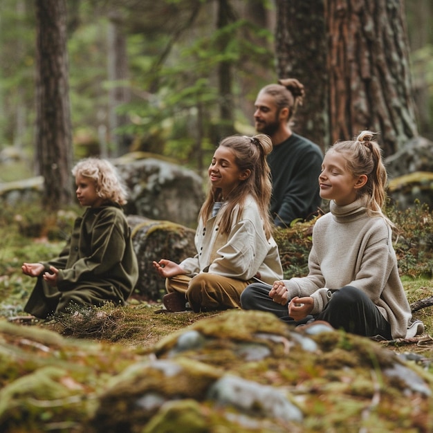 Photo peaceful family meditation retreat in a nordic forest island with smiling members