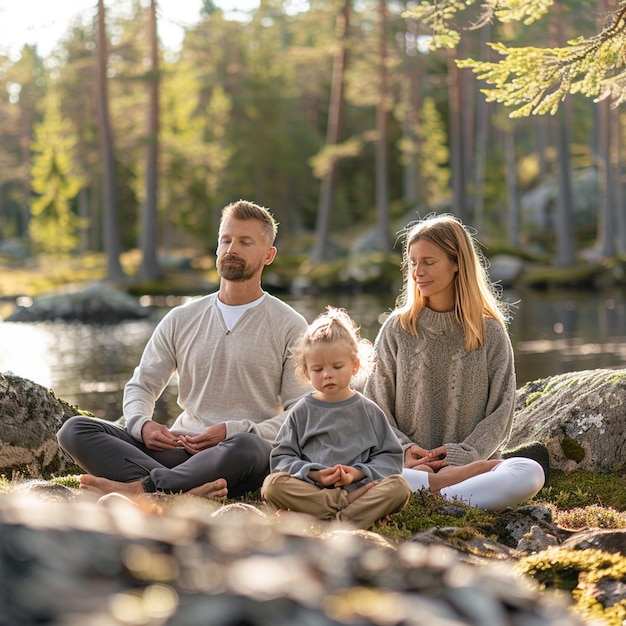 Photo peaceful family meditation retreat in a nordic forest island with smiling members