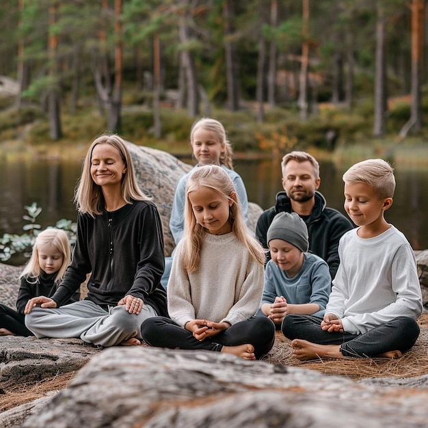 Photo peaceful family meditation retreat in a nordic forest island with smiling members