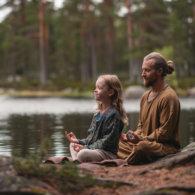 Photo peaceful family meditation retreat in a nordic forest island with smiling members