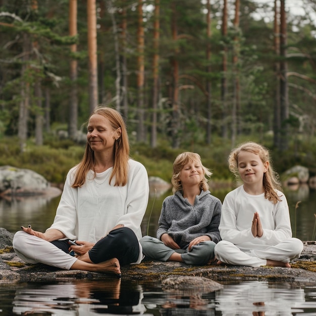 Photo peaceful family meditation retreat in a nordic forest island with smiling members