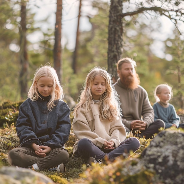 Photo peaceful family meditation retreat in a nordic forest island with smiling members