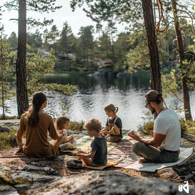 Photo peaceful family meditation retreat in a nordic forest island with smiling members