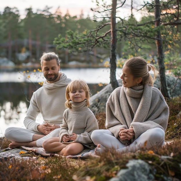 Photo peaceful family meditation retreat in a nordic forest island with smiling members