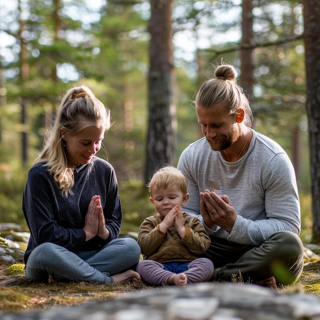 Photo peaceful family meditation retreat in a nordic forest island with smiling members