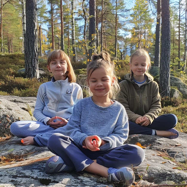 Photo peaceful family meditation retreat in a nordic forest island with smiling members