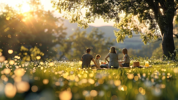 Photo peaceful family picnic in a flowerfilled meadow on a sunny day