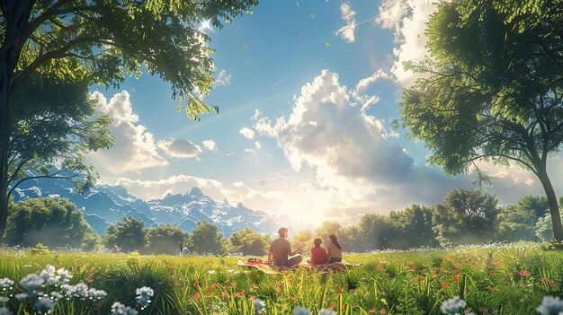 Peaceful Family Picnic in a FlowerFilled Meadow on a Sunny Day