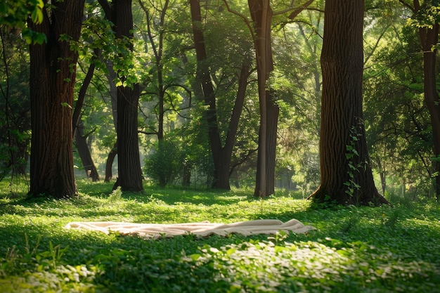 Photo peaceful forest glade with cozy blanket surrounded by tall trees for relaxing picnic