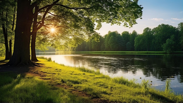 Peaceful forest and pond spring or summer landscape