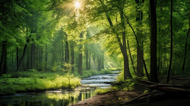 Peaceful forest scene with sunlight filtering through the trees and a calm river flowing creating a