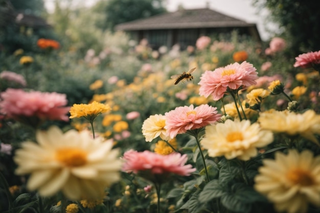 A peaceful garden filled with blooming flowers and buzzing insects where the air is perfumed