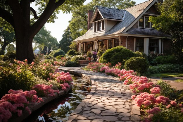 A peaceful garden with colorful blooms and a winding path