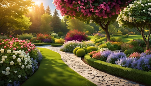 A peaceful garden with colorful blooms and a winding path