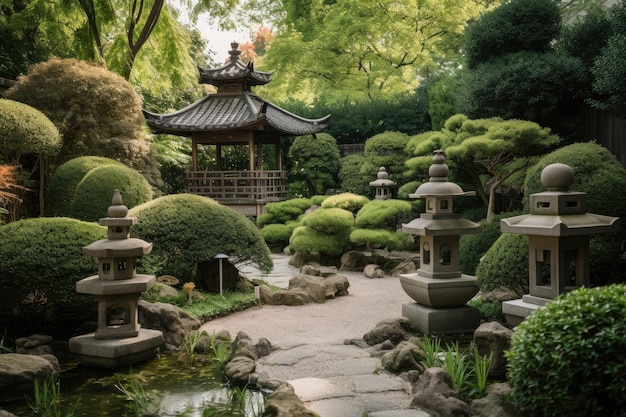 Peaceful garden with japanese pagoda water feature and lanterns created with generative ai