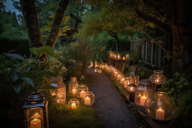 Peaceful garden with soft candlelight and lanterns on a warm summer night