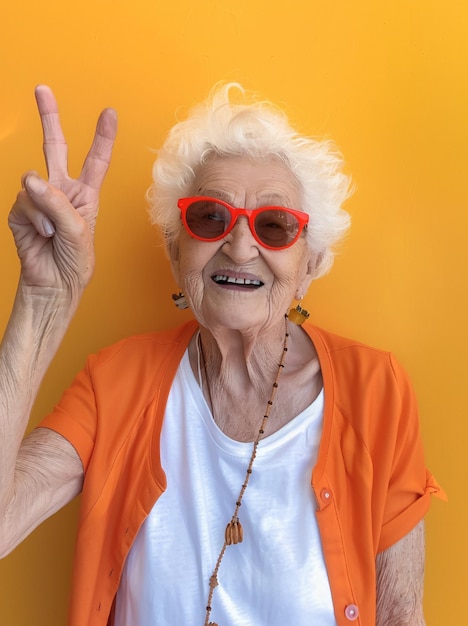 Peaceful Grandma Poses for a Vibrant Selfie in Her Orange Outfit Generative AI