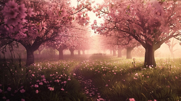 A peaceful grove of cherry trees in full bloom with an empty frame positioned amidst the blossoms waiting for your words to be carried away on the spring breeze