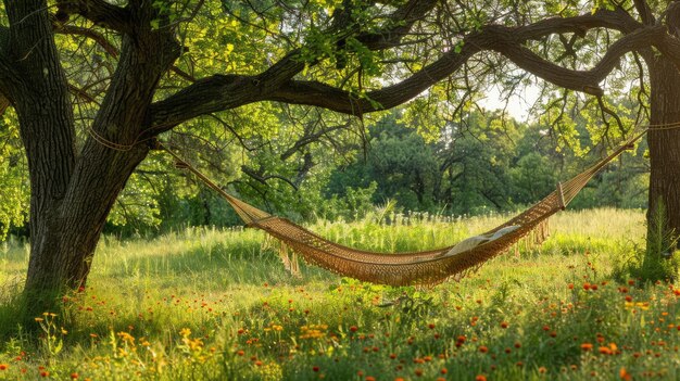 Photo peaceful hammock between trees in verdant field with wildflowers