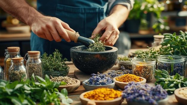 Photo in peaceful home setting individual combines herbs in mortar atmosphere is calming and inviting