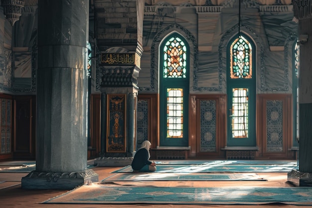 Photo a peaceful image of a person praying alone in a mosque