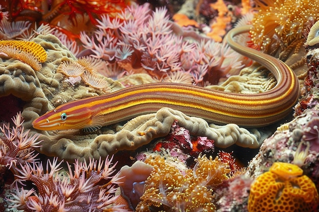 A peaceful image of a ribbon eel resting on a bed generative ai