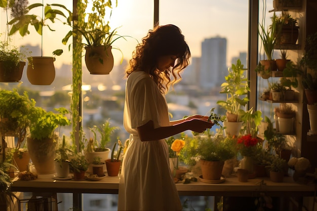 Peaceful Indoor Garden Scene Woman