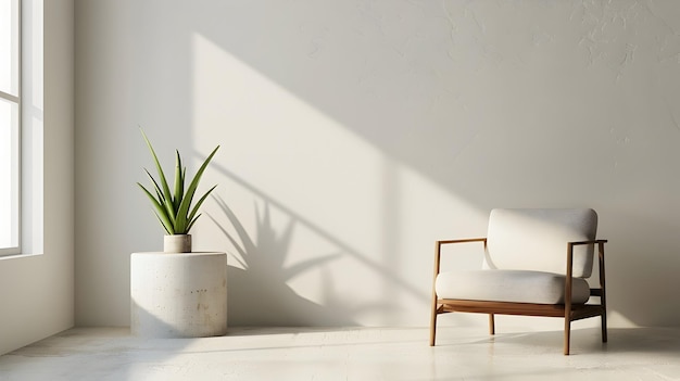 Photo peaceful indoor scene with potted plant and minimalist wood chair by bright window