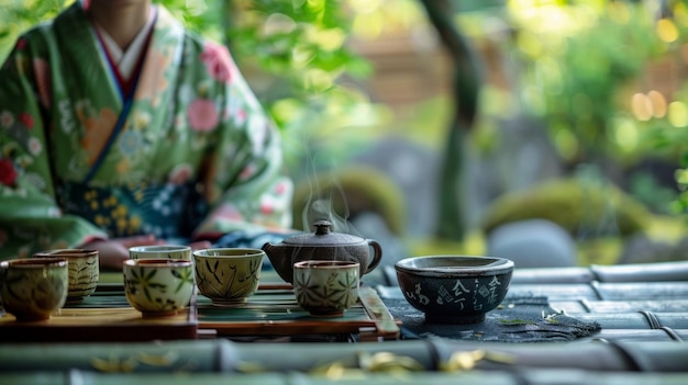 Photo a peaceful japanese tea ceremony outdoors with a woman in a kimono teacups on a tray and a steaming teapot lush foliage surrounds the scene