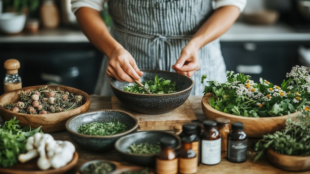 In peaceful kitchen person mixes fresh herbs and oils with care and focus