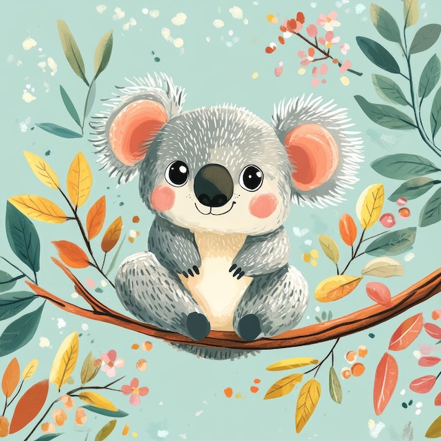 Peaceful Koala Lounging on Eucalyptus Branch with Vibrant Foliage for Nature Designs