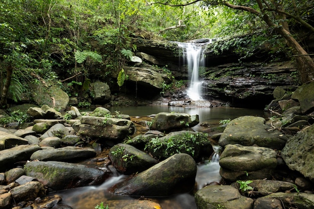 Peaceful Kura waterfall with its serene atmosphere surrounded by forest and beautiful rocks Iriomote Island