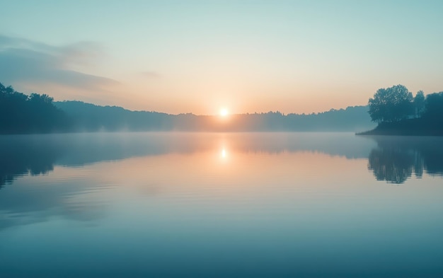 Photo peaceful lake reflecting the early morning sunrise