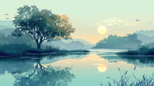 Photo a peaceful lake scene with a lone tree in the foreground surrounded by mist and reflecting the bright sun