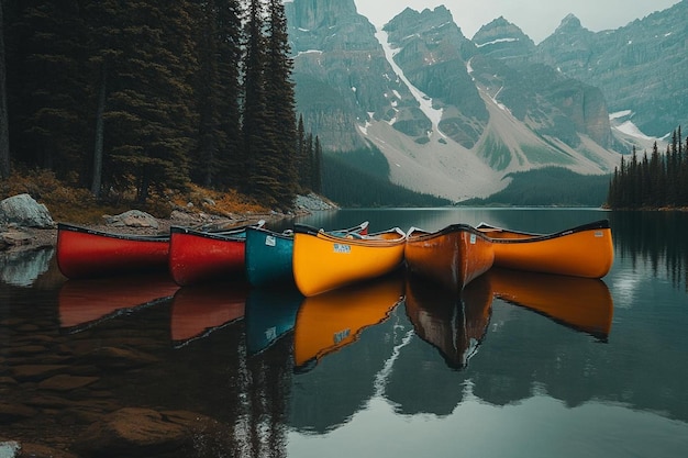 Photo peaceful lake scene with two canoes and majestic mountain photo