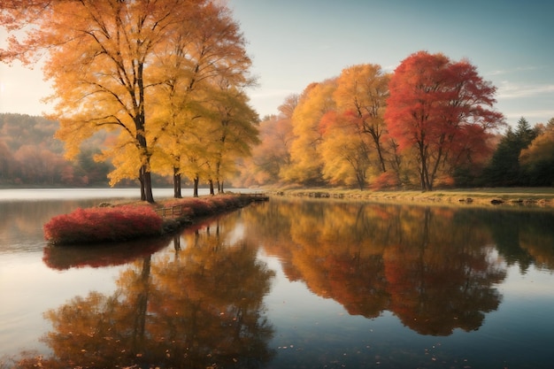 A peaceful lakeside scene with trees in their vibrant fall colors