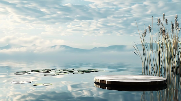 Photo peaceful lakeside scene with a wooden podium calm water reflection and distant mountains