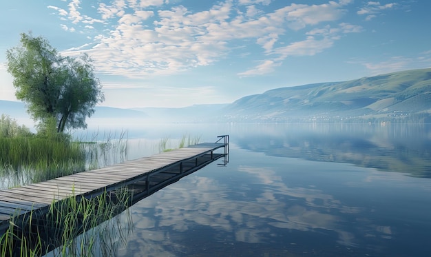 Photo peaceful lakeside view with calm waters and reflections serene setting