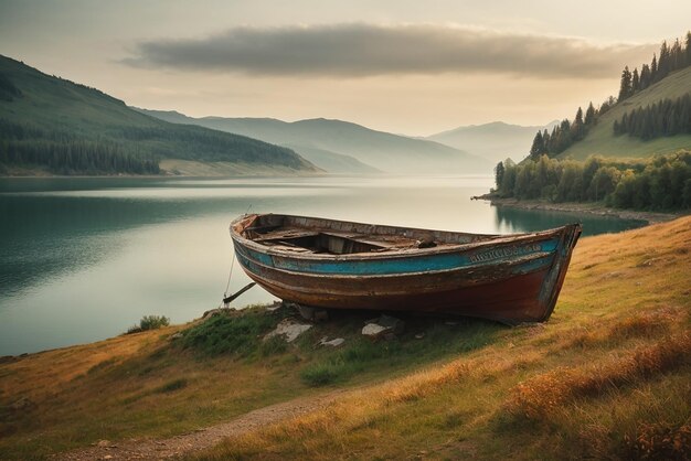 Peaceful landscapes old rusty fishing boat on the slope along the shore of the lake