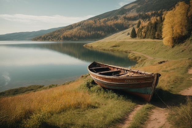 Peaceful landscapes old rusty fishing boat on the slope along the shore of the lake