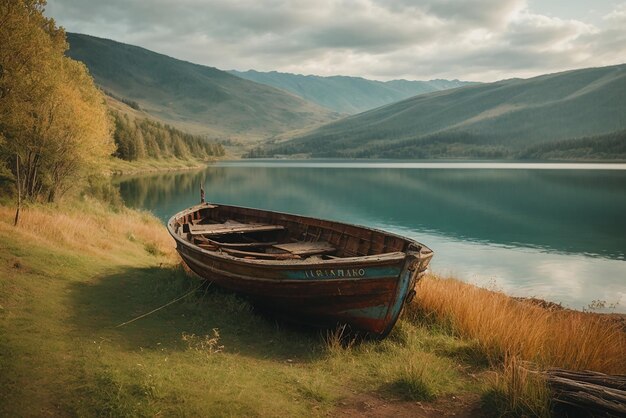 Peaceful landscapes old rusty fishing boat on the slope along the shore of the lake