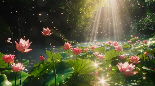 The peaceful lotus pond transformed into a vibrant explosion of flowers each one shining brightly in