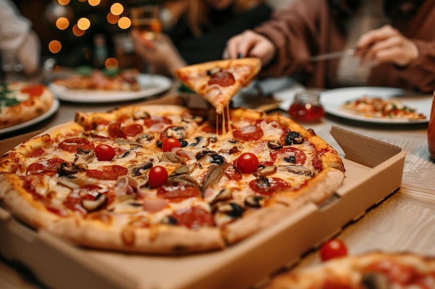 Peaceful male and female friends sitting at table and eating pizza at party