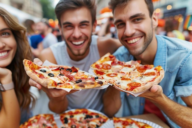 Peaceful male and female friends sitting at table and eating pizza at party