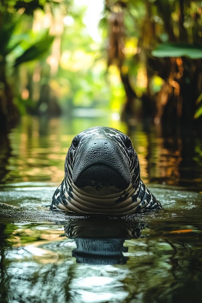 Photo a peaceful manatee gliding through a calm river surrounded by tropical plants