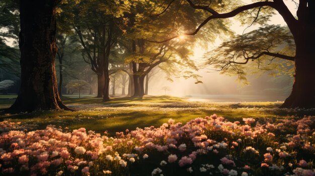 A peaceful meadow at sunrise with dewcovered flowers and soft golden light filtering through trees